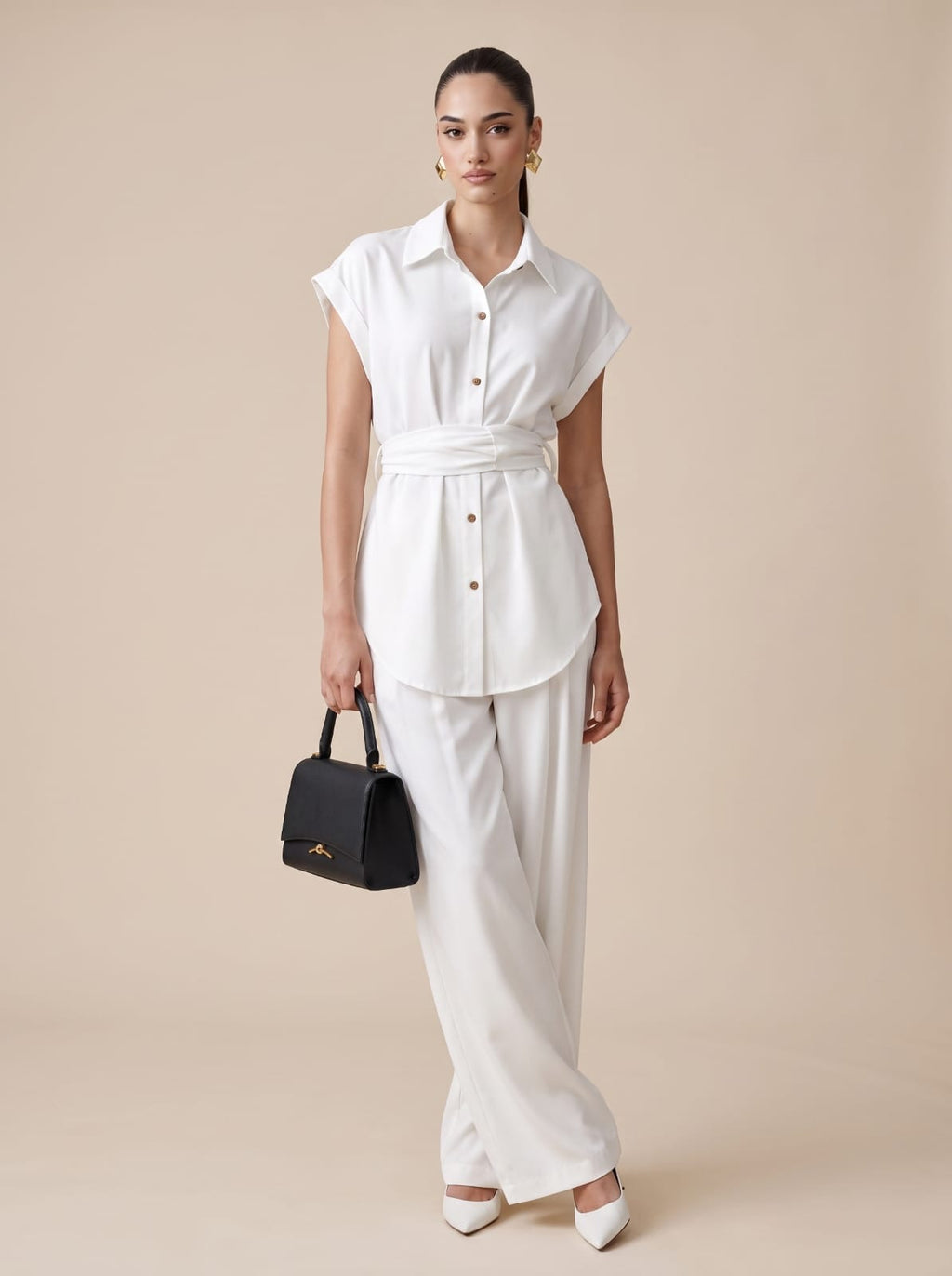 Belted Shirt & Straight Trousers white Co-ord Set