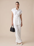 Belted Shirt & Straight Trousers white Co-ord Set