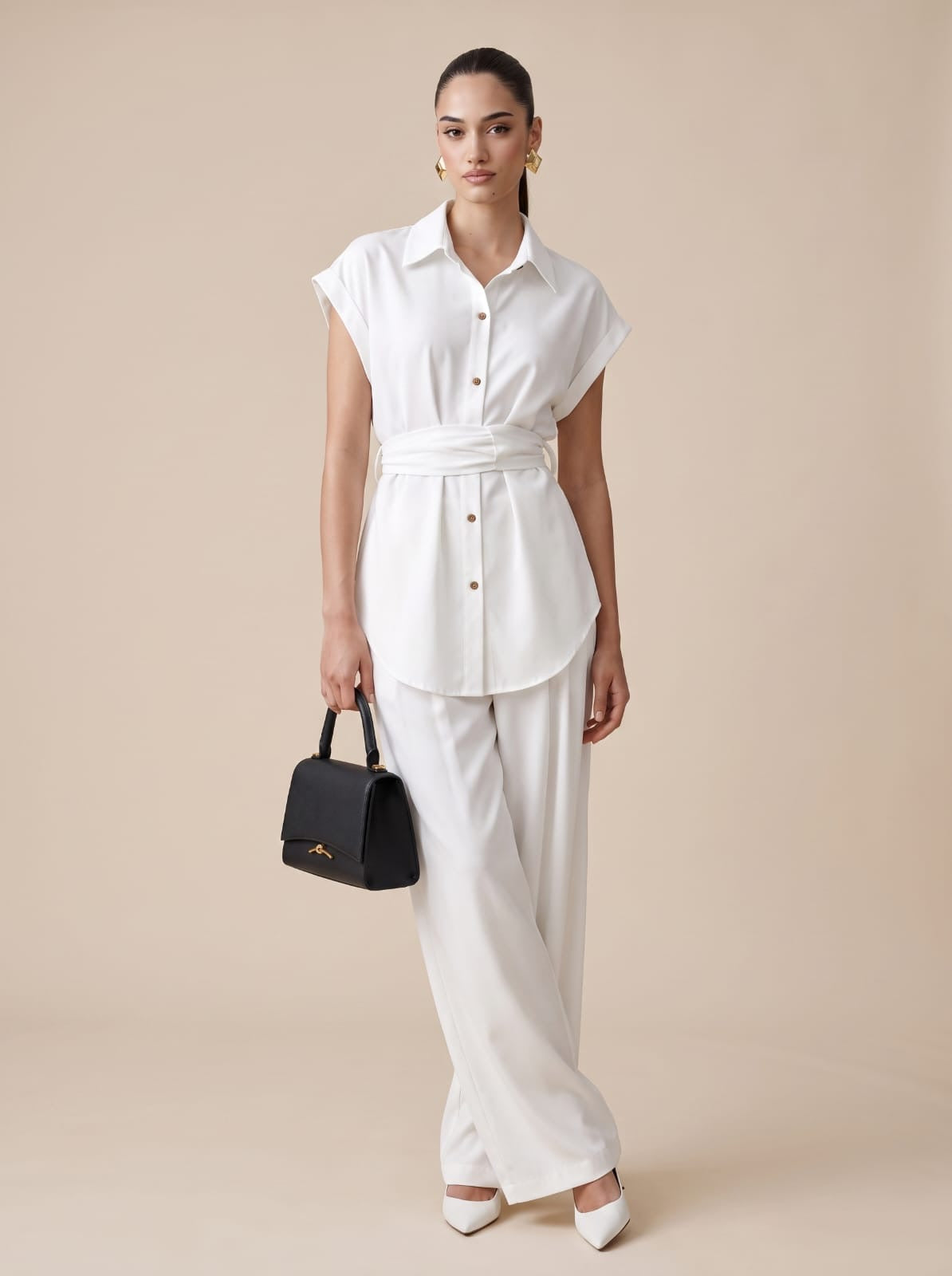 Belted Shirt & Straight Trousers white Co-ord Set